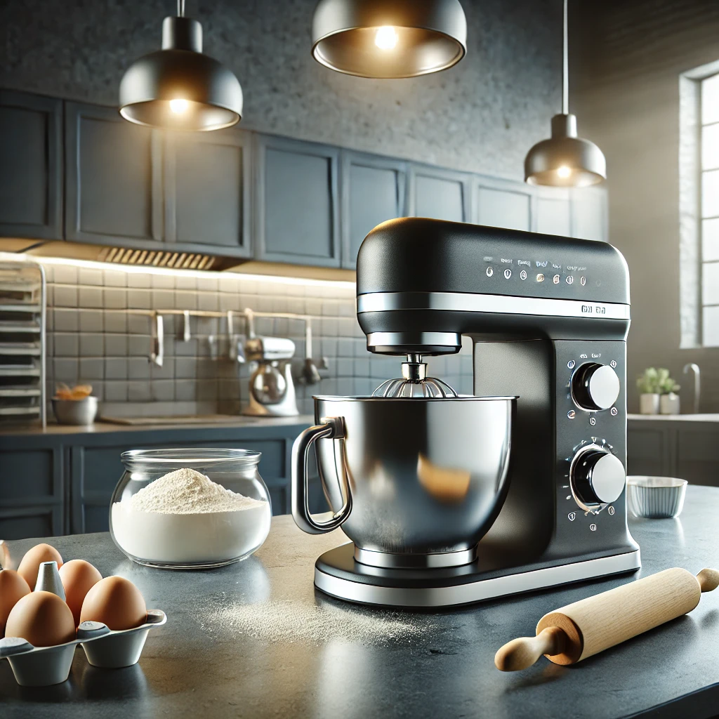 A-sleek-modern-industrial-kitchen-featuring-a-high-tech-variable-speed-mixer-prominently-on-a-clean-countertop.